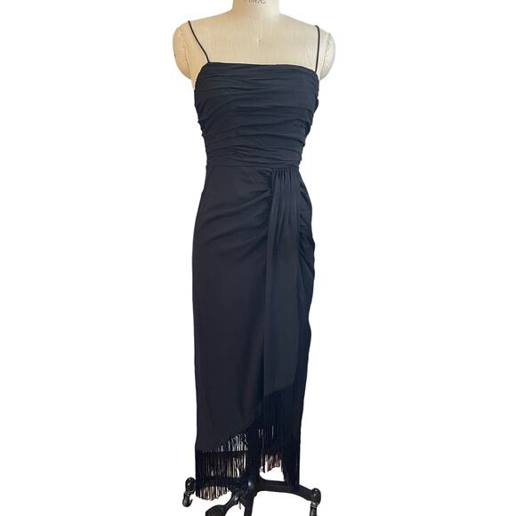 L'Academie Fringed Black Party Dress The Nanette Midi Length Size Small - Picture 3 of 9